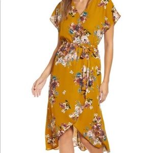 Nordstrom Leith Mustard Floral Wrap Dress